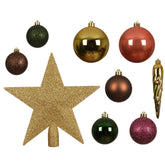 Decoris Shatterproof Bauble Set of 33 Pieces with Star Tree Topper-Dark Mauve, Gold, Green & Ornge,
